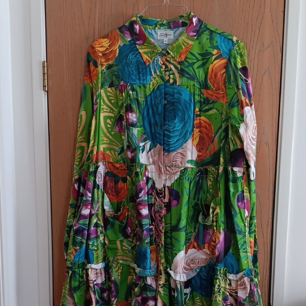 Sassy Jones Willow Dress in Olive Grove print.